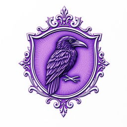 A detailed purple crest with the image of a raven intricately engraved inside