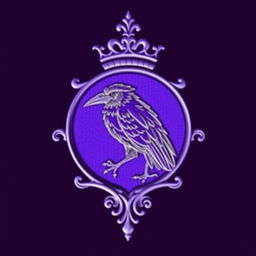 A detailed purple crest with the image of a raven intricately engraved inside