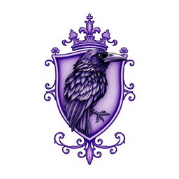 A detailed purple crest with the image of a raven intricately engraved inside