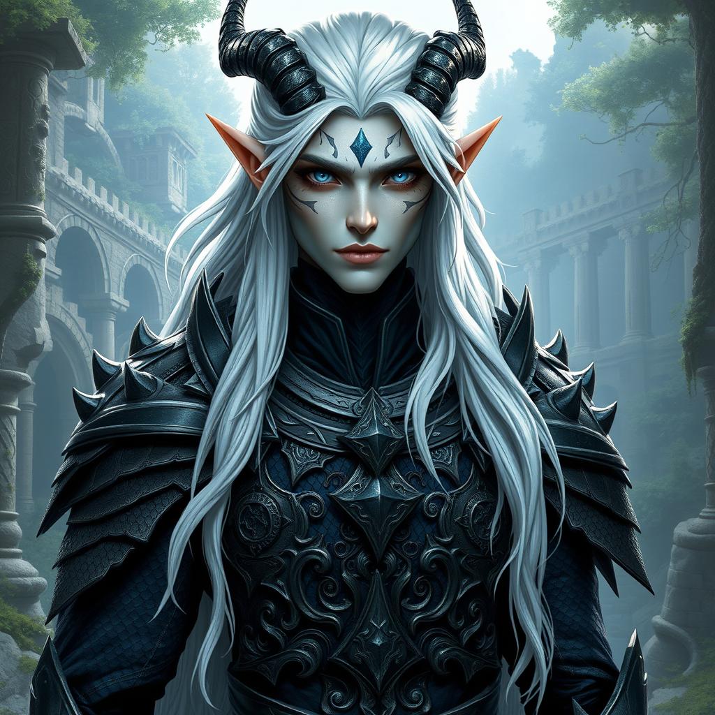 A male character that is a hybrid between a draconid and a high elf, merging the elegance of an elf with the fierce attributes of a draconid