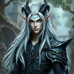 A male character that is a hybrid between a draconid and a high elf, merging the elegance of an elf with the fierce attributes of a draconid