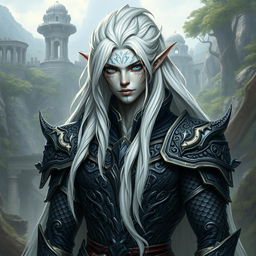 A male character that is a hybrid between a draconid and a high elf, merging the elegance of an elf with the fierce attributes of a draconid