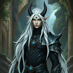 A male character that is a hybrid between a draconid and a high elf, merging the elegance of an elf with the fierce attributes of a draconid