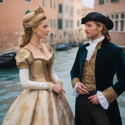 Modify the scene to feature Portia, now with dark ginger blonde hair and dressed in exquisite heiress clothing, alongside Antonio, a male merchant in traditional merchant attire. They're engrossed in conversation against the spellbinding backdrop of Venice.