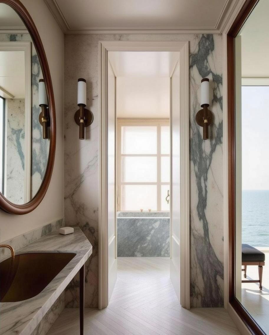 a luxurious modern bathroom with Earth-toned marble walls, featuring a sleek brass wall-mounted lamp that adds elegance to the minimalist design