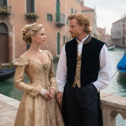 Modify the scene to feature Portia, now with dark ginger blonde hair and dressed in exquisite heiress clothing, alongside Antonio, a male merchant in traditional merchant attire. They're engrossed in conversation against the spellbinding backdrop of Venice.