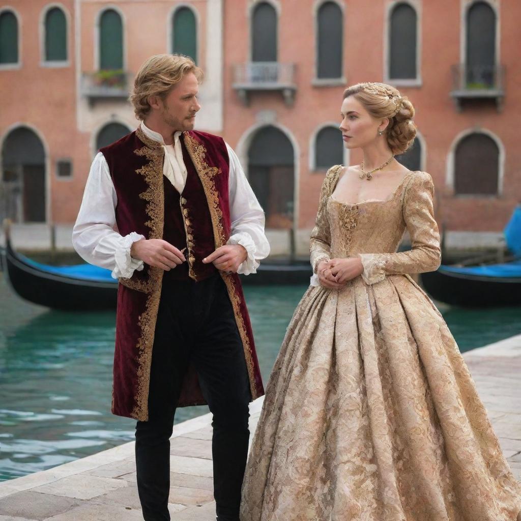 Modify the scene to feature Portia, now with dark ginger blonde hair and dressed in exquisite heiress clothing, alongside Antonio, a male merchant in traditional merchant attire. They're engrossed in conversation against the spellbinding backdrop of Venice.