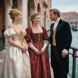 Modify the scene to feature Portia, now with dark ginger blonde hair and dressed in exquisite heiress clothing, alongside Antonio, a male merchant in traditional merchant attire. They're engrossed in conversation against the spellbinding backdrop of Venice.