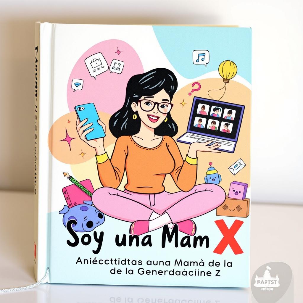 A captivating book cover for "Soy una Mam X: Anécdotas de una Mamá de la Generación Z," featuring a modern and stylish illustration of a young, confident Gen Z mom juggling various aspects of motherhood and digital life