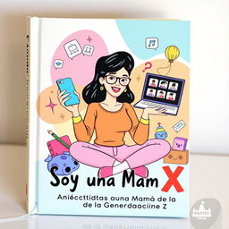 A captivating book cover for "Soy una Mam X: Anécdotas de una Mamá de la Generación Z," featuring a modern and stylish illustration of a young, confident Gen Z mom juggling various aspects of motherhood and digital life