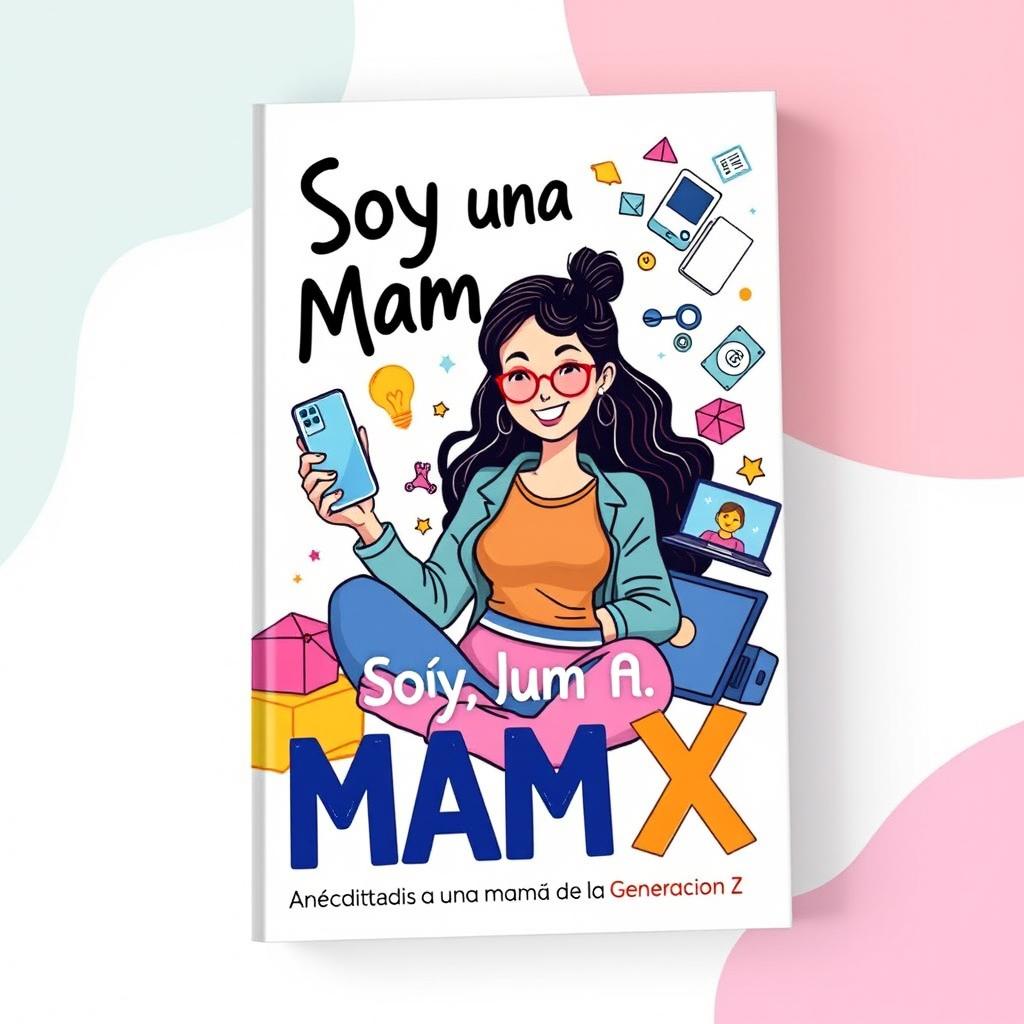 A captivating book cover for "Soy una Mam X: Anécdotas de una Mamá de la Generación Z," featuring a modern and stylish illustration of a young, confident Gen Z mom juggling various aspects of motherhood and digital life