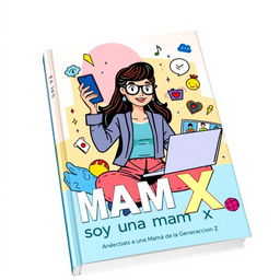 A captivating book cover for "Soy una Mam X: Anécdotas de una Mamá de la Generación Z," featuring a modern and stylish illustration of a young, confident Gen Z mom juggling various aspects of motherhood and digital life