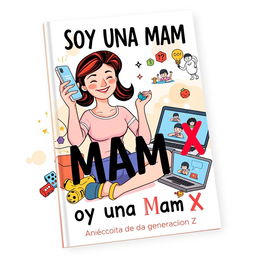 A captivating book cover for "Soy una Mam X: Anécdotas de una Mamá de la Generación Z," featuring a modern and stylish illustration of a young, confident Gen Z mom juggling various aspects of motherhood and digital life