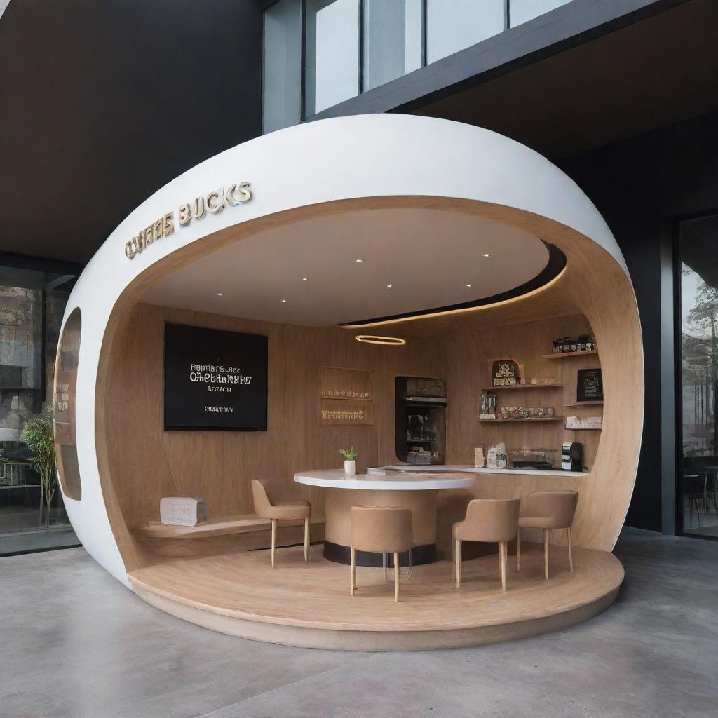 Futuristic coffee shop with the name 'Coffee Bucks' set in the year 2024, showcasing modern architecture and interior design