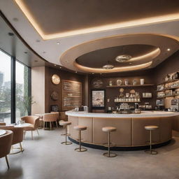 Futuristic coffee shop with the name 'Coffee Bucks' set in the year 2024, showcasing modern architecture and interior design