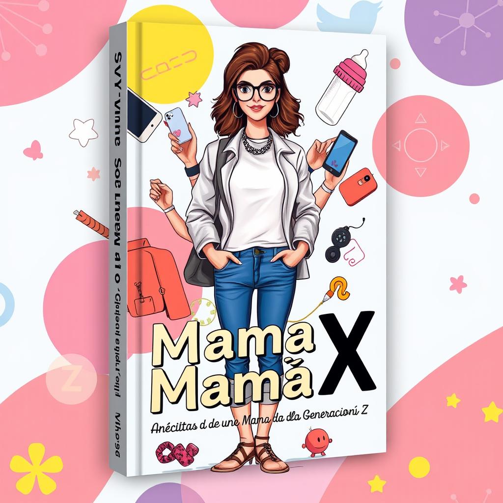 A captivating book cover for a title called "Soy una Mamá X: Anécdotas de una Mamá de la Generación Z"