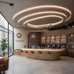 Futuristic coffee shop with the name 'Coffee Bucks' set in the year 2024, showcasing modern architecture and interior design