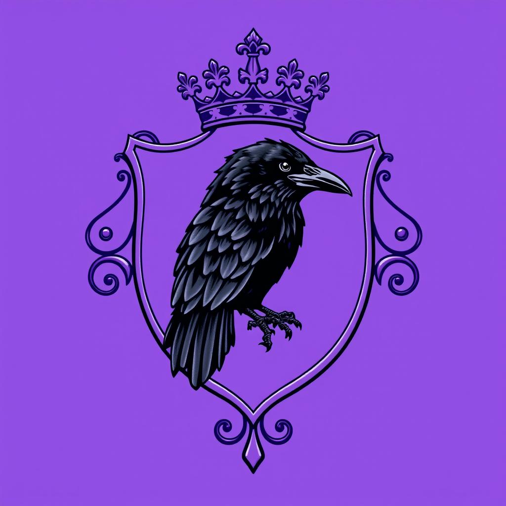A regal purple crest with a black raven intricately engraved inside it