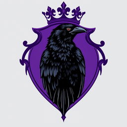 A regal purple crest with a black raven intricately engraved inside it