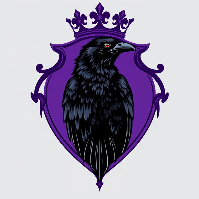 A regal purple crest with a black raven intricately engraved inside it