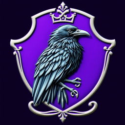 A regal purple crest with a black raven intricately engraved inside it