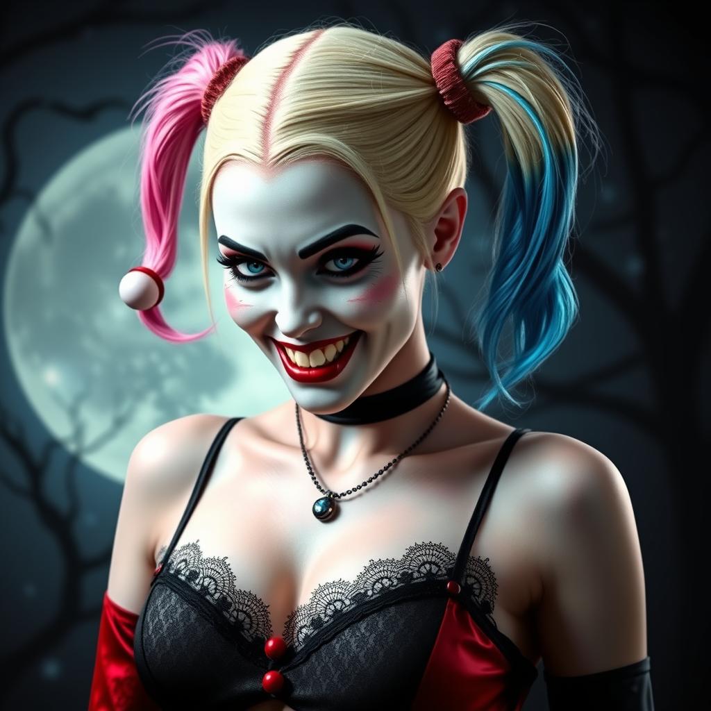 Harley Quinn portrayed as a captivating vampire, blending her iconic playful and chaotic style with classic vampire elements