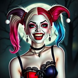 Harley Quinn portrayed as a captivating vampire, blending her iconic playful and chaotic style with classic vampire elements