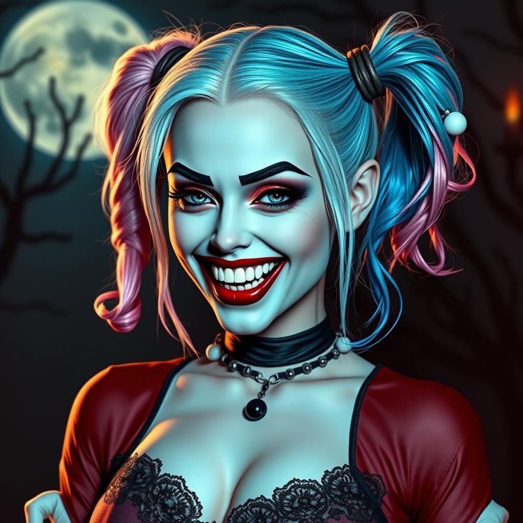 Harley Quinn portrayed as a captivating vampire, blending her iconic playful and chaotic style with classic vampire elements