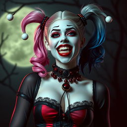 Harley Quinn portrayed as a captivating vampire, blending her iconic playful and chaotic style with classic vampire elements