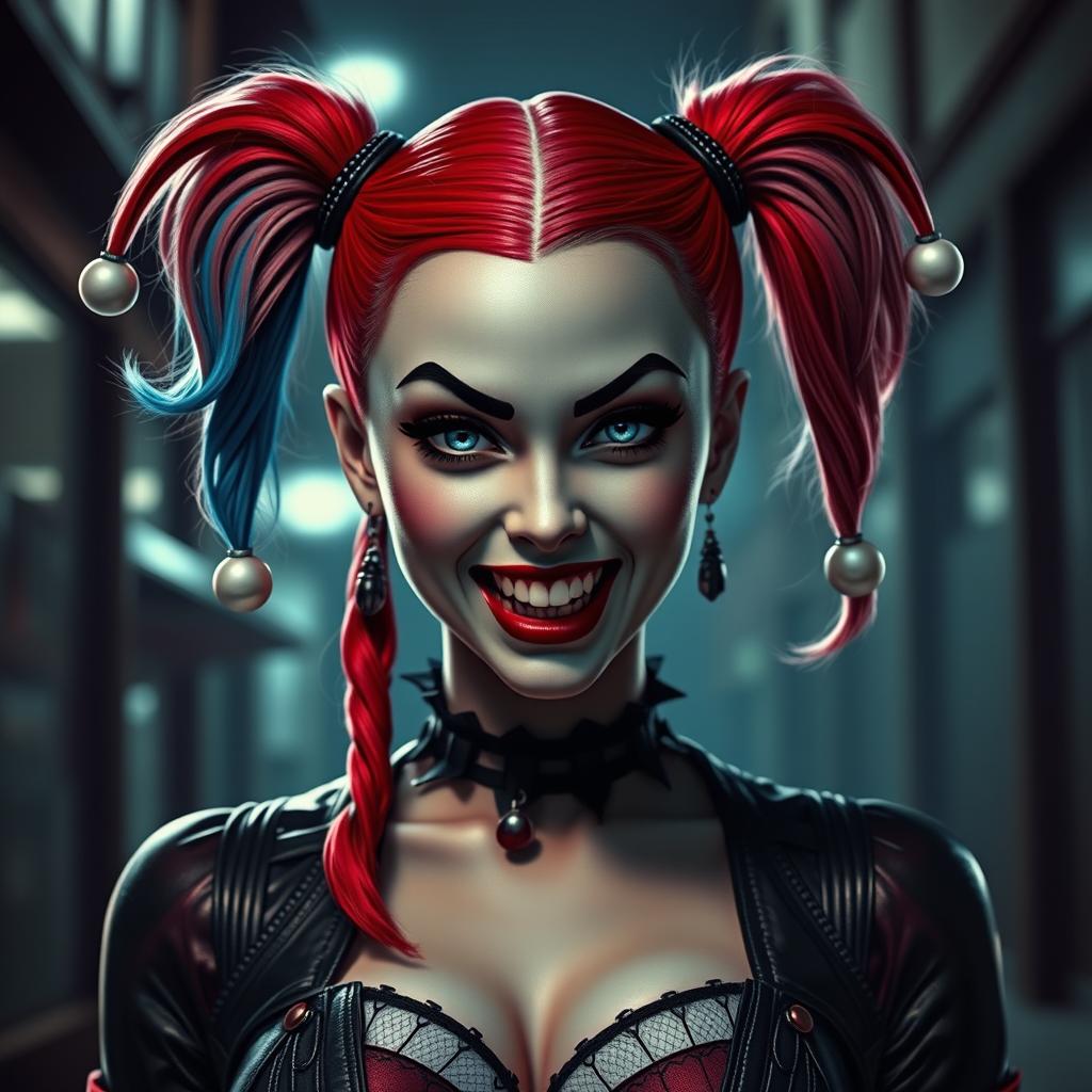 Harley Quinn transformed into a vampire, featuring her iconic dual-colored red and blue pigtails and mischievous expression