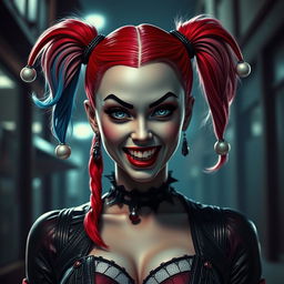 Harley Quinn transformed into a vampire, featuring her iconic dual-colored red and blue pigtails and mischievous expression