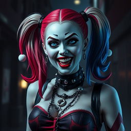 Harley Quinn transformed into a vampire, featuring her iconic dual-colored red and blue pigtails and mischievous expression