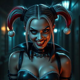 Harley Quinn transformed into a vampire, featuring her iconic dual-colored red and blue pigtails and mischievous expression