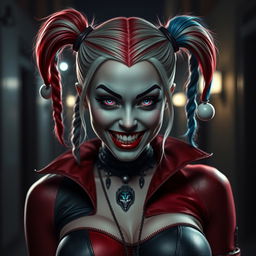 Harley Quinn transformed into a vampire, featuring her iconic dual-colored red and blue pigtails and mischievous expression