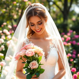 A beautiful bride in an elegant white wedding dress, standing in a lush garden filled with blooming flowers