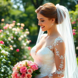 A beautiful bride in an elegant white wedding dress, standing in a lush garden filled with blooming flowers