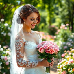 A beautiful bride in an elegant white wedding dress, standing in a lush garden filled with blooming flowers