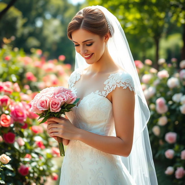 A beautiful bride in an elegant white wedding dress, standing in a lush garden filled with blooming flowers