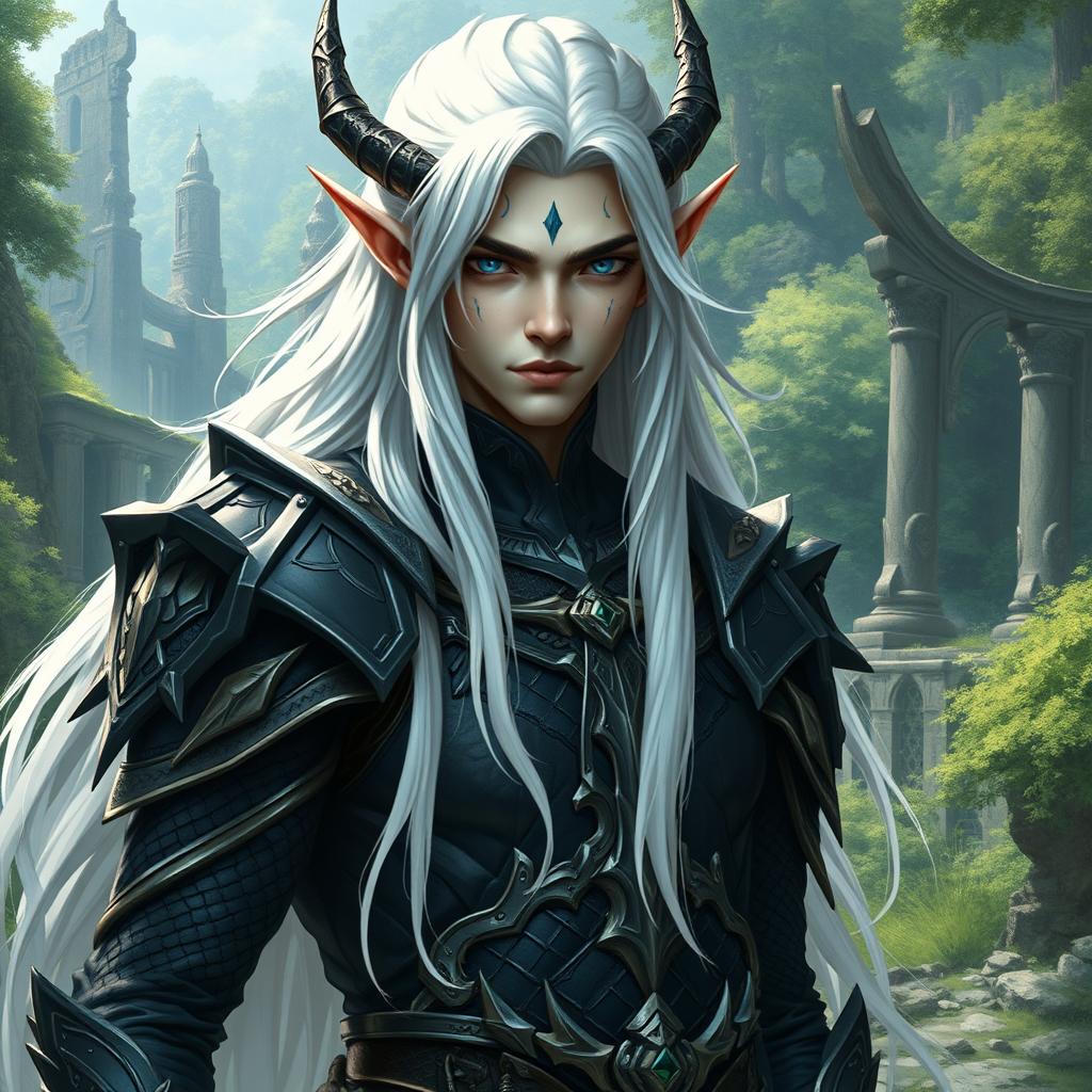 A male character that combines the essence of a draconid and a high elf, embodying both elegance and strength