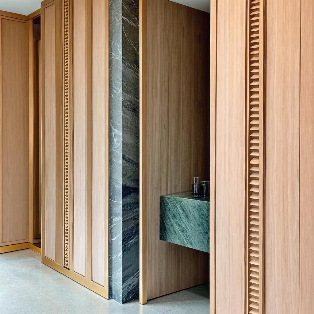 interior view of a modern bathroom featuring textured wooden walls and a striking blue marble sink, neutral stone flooring, minimalist design, soft natural light entering the space, subtle elegance, with sophisticated and warm wooden tones