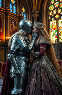 A noble lady knight in elegant armor, gently kissing a regal queen in a lavish, intricately designed gown