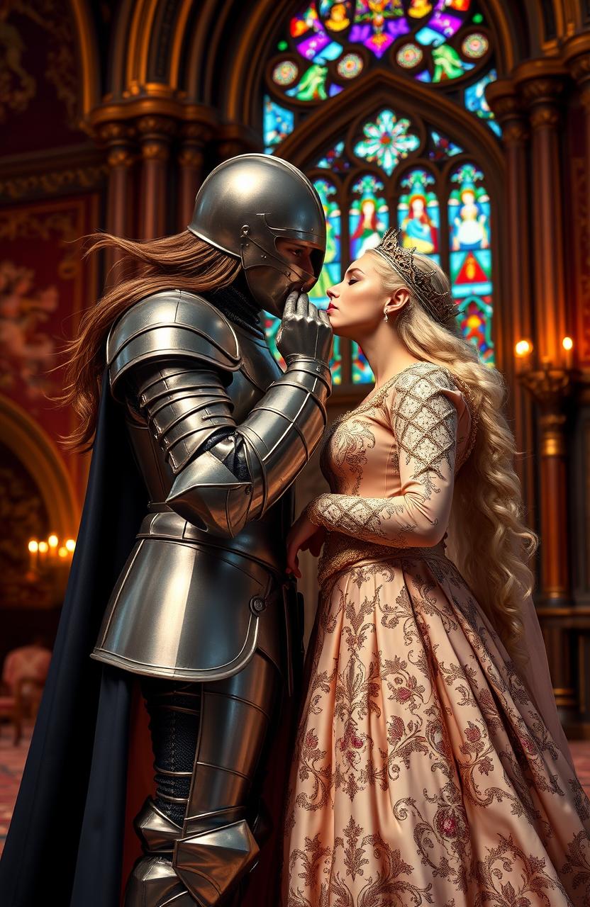 A noble lady knight in elegant armor, gently kissing a regal queen in a lavish, intricately designed gown