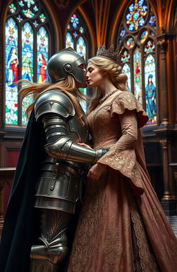 A noble lady knight in elegant armor, gently kissing a regal queen in a lavish, intricately designed gown