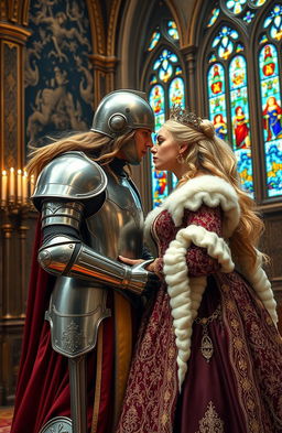 A noble lady knight in elegant armor, gently kissing a regal queen in a lavish, intricately designed gown