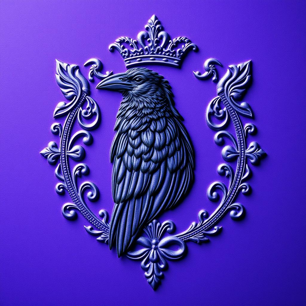 A detailed purple crest featuring a black raven intricately engraved within its center