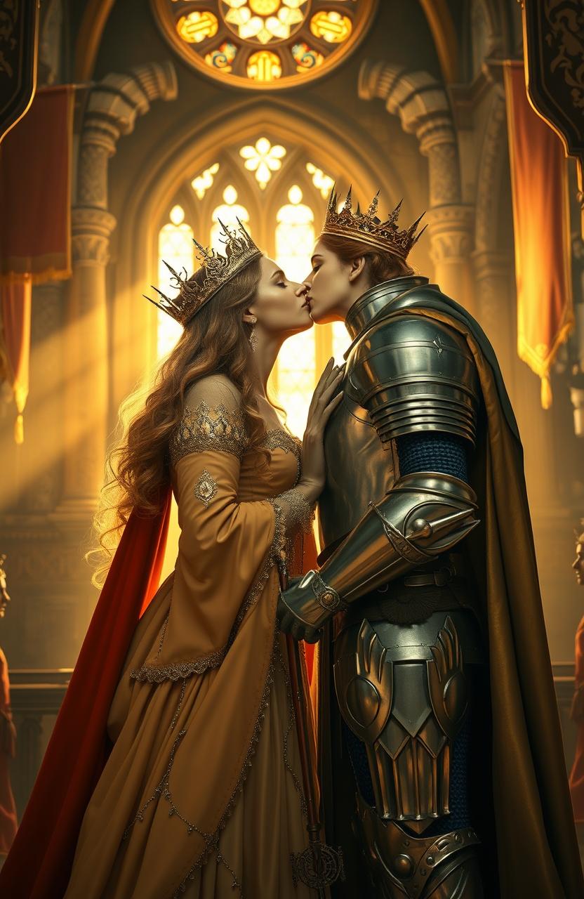 A majestic queen passionately kissing a noble woman knight