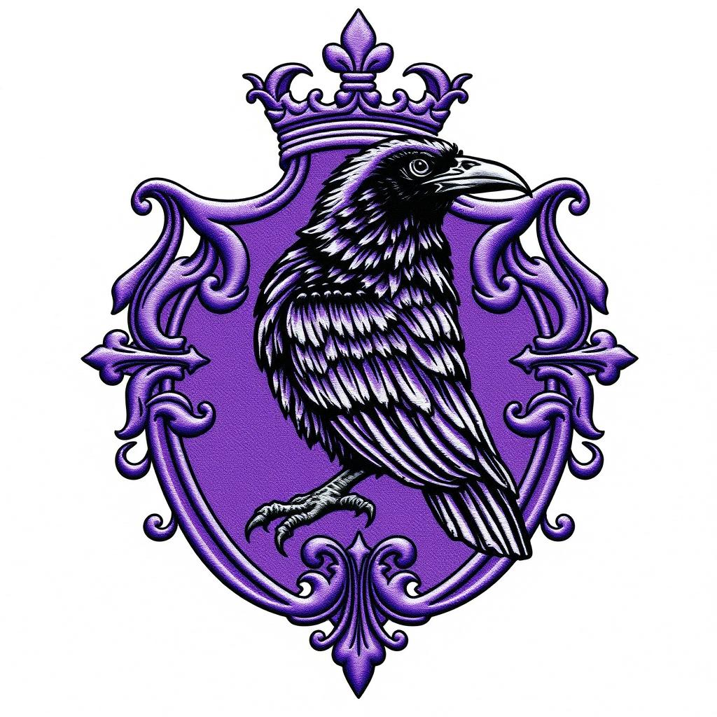 A detailed purple crest featuring a black raven intricately engraved within its center