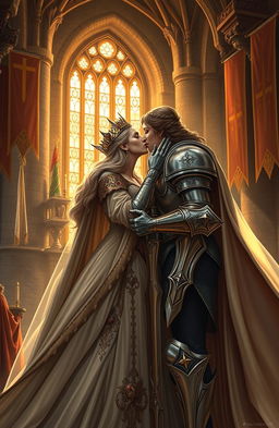 A majestic queen passionately kissing a noble woman knight