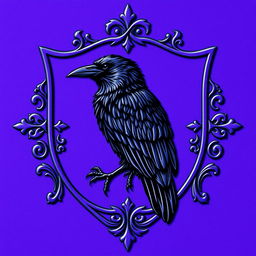 A detailed purple crest featuring a black raven intricately engraved within its center