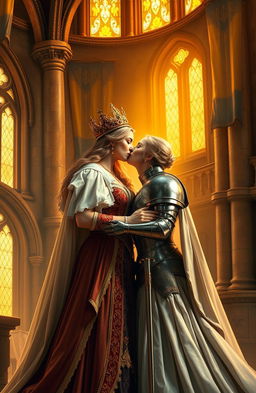 A majestic queen passionately kissing a noble woman knight